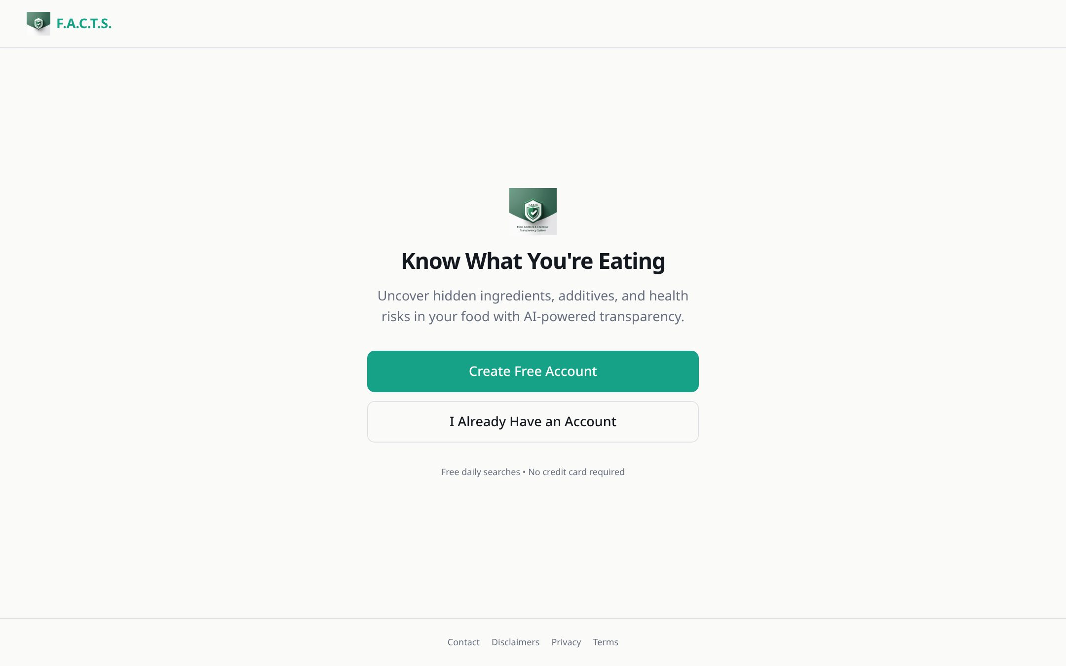 F.A.C.T.S. landing page with the headline Know What You Are Eating