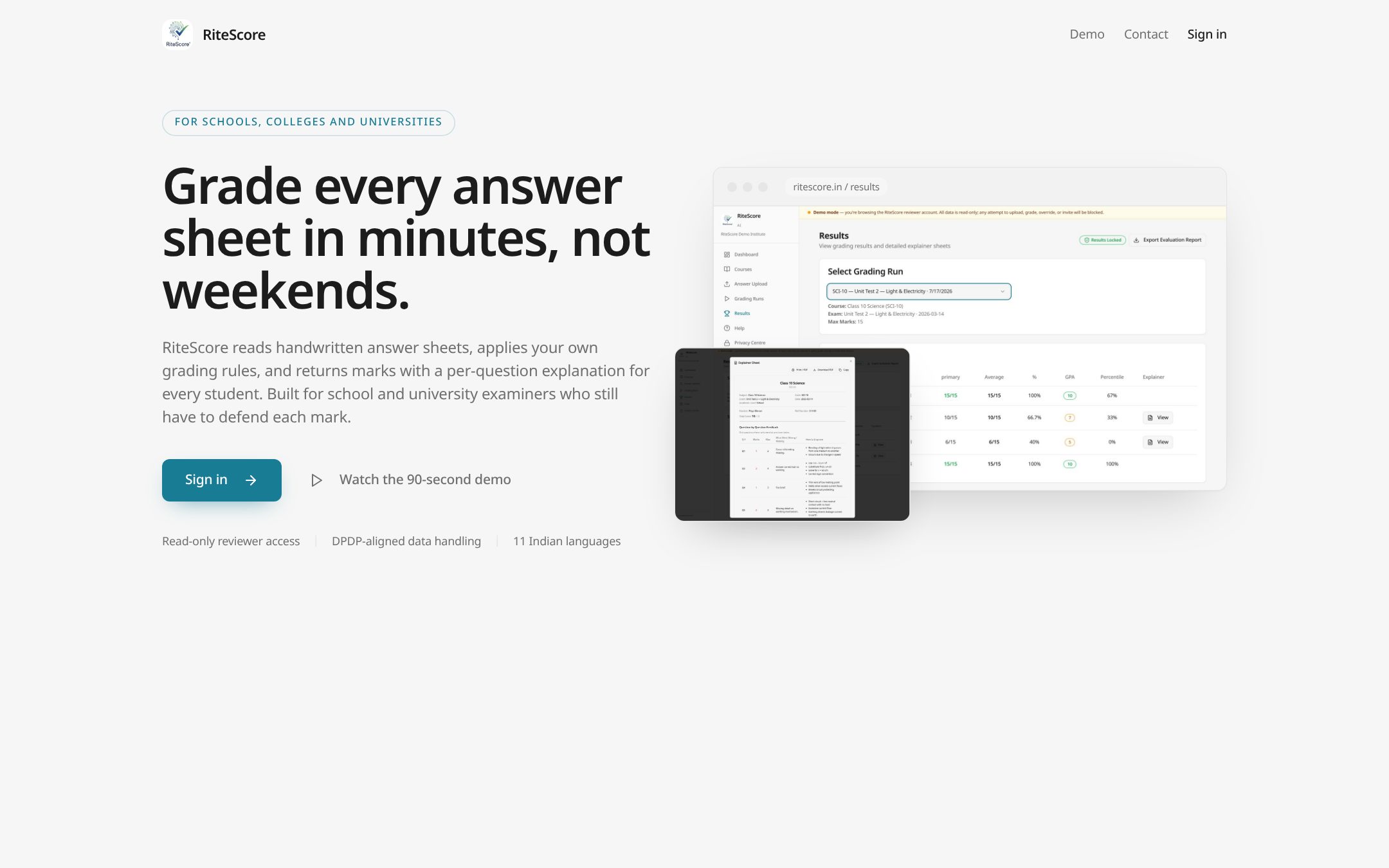 RiteScore landing page showing an answer-sheet grading dashboard with per-question explainers